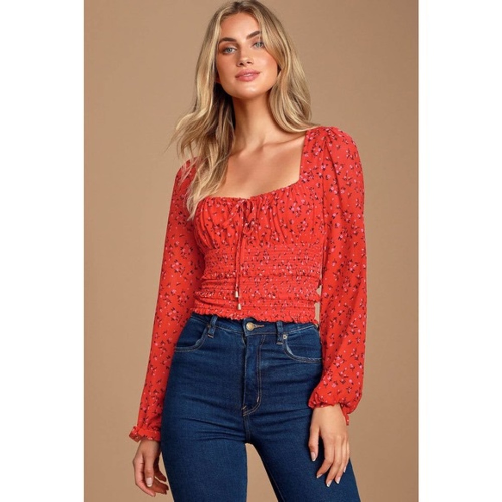 Free people red keyhole floral pouf square neck blouse